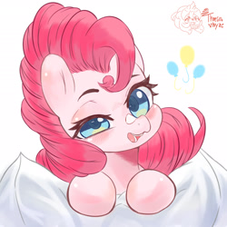 Size: 2700x2700 | Tagged: safe, artist:velcius, pinkie pie, earth pony, pony, g4, cute, diapinkes, high res, open mouth, pillow, solo