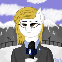 Size: 1000x1000 | Tagged: safe, artist:friedrich911, oc, oc only, anthro, blonde, clothes, ear piercing, earring, female, jewelry, journalist, mare, microphone, mountain, piercing, sky, snow, solo, suit, white