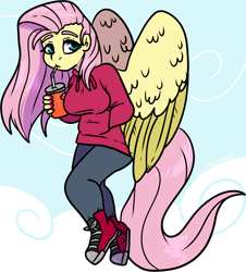 Size: 1646x1819 | Tagged: safe, artist:sexygoatgod, fluttershy, pegasus, anthro, g4, breasts, busty fluttershy, clothes, converse, drinking, drinking straw, female, flying, hand in pocket, hoodie, jeans, pants, shoes, sky background, sneakers, solo