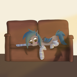 Size: 2500x2500 | Tagged: safe, artist:vezja, oc, oc only, oc:yeet fang, bat pony, pony, blushing, clothes, couch, crepuscular rays, high res, lying down, male, room, socks, solo, stallion, striped socks, thigh highs