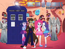 Size: 1280x960 | Tagged: safe, artist:reg-d-fanfiction, artist:vanossfan10, doctor whooves, pinkie pie, rarity, time turner, twilight sparkle, human, equestria girls, g4, converse, crossover, doctor who, doctor whooves adventures, golden oaks library, library, shoes, sonic screwdriver, statue, tardis, weeping angel