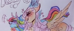 Size: 1280x536 | Tagged: safe, artist:rare-apples, fluttershy, rainbow dash, pegasus, pony, g4, blushing, duo, eyes closed, female, floating heart, heart, lesbian, mare, request, ship:flutterdash, shipping, traditional art
