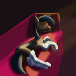 Size: 2500x2500 | Tagged: safe, artist:vezja, oc, oc only, oc:yeet fang, bat pony, pony, clothes, couch, crepuscular rays, high res, lying down, male, simple background, socks, solo, striped socks, thigh highs