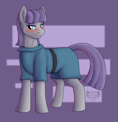 Size: 1273x1309 | Tagged: safe, artist:sursiq, maud pie, earth pony, pony, g4, bedroom eyes, blushing, clothes, cute, dress, eyelashes, eyeshadow, female, frown, looking away, makeup, mare, purple mane, solo, standing, watermark, wingding eyes