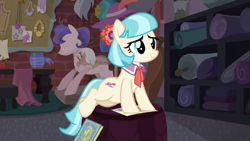 Size: 1920x1080 | Tagged: safe, screencap, coco pommel, earth pony, pony, g4, made in manehattan, cocobetes, cute, female, flyer, mare, scrapbook, sitting, smiling, solo, stool