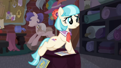 Size: 1920x1080 | Tagged: safe, screencap, coco pommel, earth pony, pony, g4, made in manehattan, season 5, 1080p, cocobetes, cute, female, flyer, mare, raised hoof, scrapbook, sitting, smiling, solo, stool