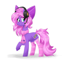 Size: 3500x3500 | Tagged: safe, artist:flutterthrash, oc, oc only, oc:lillybit, pony, adorkable, bow, clothes, cute, dork, gamer, gaming headset, headphones, headset, high res, scarf, simple background, smiling, socks, solo, striped socks, white background