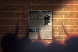 Size: 3000x2000 | Tagged: safe, artist:vezja, changeling, equestria at war mod, blackletter, brick wall, bricks, crepuscular rays, german, hat, headphones, high res, newspaper, out of focus, peaked cap, shadow, tall tale, wall