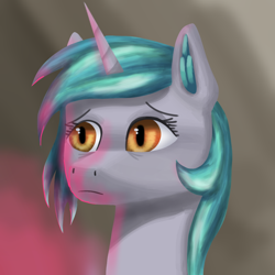 Size: 1000x1000 | Tagged: safe, artist:vezja, oc, pony, unicorn, abstract background, bust, horn, pensive, portrait, stressed