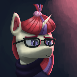 Size: 1000x1000 | Tagged: safe, artist:vezja, moondancer, pony, unicorn, g4, abstract background, bust, clothes, glasses, portrait, smiling, sweater