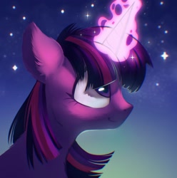 Size: 1441x1454 | Tagged: safe, artist:draw3, twilight sparkle, pony, g4, chromatic aberration, ear fluff, glowing horn, horn, magic, smiling, solo, sparkles