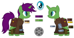 Size: 3700x1900 | Tagged: safe, artist:ponkus, oc, oc only, oc:six-shooter, pony, unicorn, fallout equestria, armor, bag, clothes, commission, female, mare, purple mane, reference sheet, saddle bag, shirt, solo, undershirt