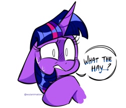 Size: 1200x1027 | Tagged: safe, artist:wutanimations, twilight sparkle, alicorn, pony, g4, bust, dialogue, female, floppy ears, mare, simple background, solo, speech bubble, sweat, sweatdrop, twilight sparkle (alicorn), what the hay?, white background