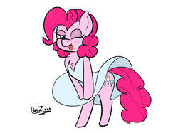 Size: 4098x3072 | Tagged: safe, artist:datzigga, pinkie pie, earth pony, pony, semi-anthro, g4, ;p, alternate hairstyle, arm hooves, bipedal, blushing, clothes, cute, diapinkes, dress, dress lift, looking at you, marilyn monroe, one eye closed, solo, the seven year itch, tongue out, white dress, wink, winking at you