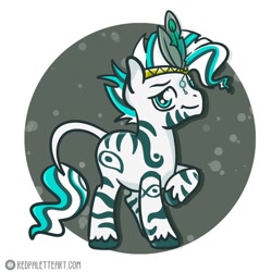 Size: 894x894 | Tagged: safe, artist:redpalette, oc, oc:clear skies ahead, zebra, abstract background, crown, cute, feather, headwear, jewelry, male, markings, regalia, smiling, smirk, unshorn fetlocks, zebra oc