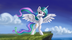 Size: 4000x2250 | Tagged: safe, artist:flusanix, princess celestia, alicorn, pony, g4, bipedal, cloud, female, high res, solo, spread wings, teenager, wings, younger