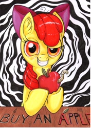 Size: 2481x3509 | Tagged: safe, artist:yellowrobin, apple bloom, earth pony, pony, worm, g4, apple, apple worm, buy some apples, devious smile, female, filly, food, grin, high res, looking at you, smiling, solo