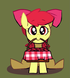 Size: 615x682 | Tagged: source needed, safe, artist:karzahnii, apple bloom, earth pony, pony, g4, adorabloom, apple, apple basket, cute, female, filly, food, looking at you, mouth hold, solo