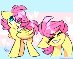 Size: 1200x977 | Tagged: safe, artist:wutanimations, fluttershy, pegasus, pony, g4, eyes closed, floppy ears, grin, heart, male, pride, pride flag, smiling, solo, trans fluttershy, trans male, transgender, transgender pride flag, transmasculine