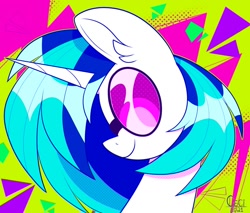 Size: 1200x1024 | Tagged: safe, artist:wutanimations, dj pon-3, vinyl scratch, pony, unicorn, g4, abstract background, color porn, glasses, horn, smiling, solo