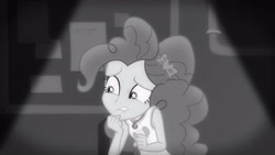 Size: 3410x1920 | Tagged: safe, screencap, pinkie pie, equestria girls, g4, my little pony equestria girls: better together, rarity investigates: the case of the bedazzled boot, rarity investigates: the case of the bedazzled boot: pinkie pie, black and white, clothes, cutie mark, cutie mark on clothes, female, geode of sugar bombs, grayscale, jewelry, lip bite, magical geodes, monochrome, necklace, solo, sweat, tank top