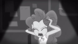Size: 3410x1920 | Tagged: safe, screencap, pinkie pie, equestria girls, g4, my little pony equestria girls: better together, rarity investigates: the case of the bedazzled boot, rarity investigates: the case of the bedazzled boot: pinkie pie, armpits, black and white, clothes, cutie mark, cutie mark on clothes, eyes closed, female, geode of sugar bombs, grayscale, jewelry, magical geodes, monochrome, necklace, open mouth, solo, sweat, tank top