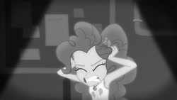 Size: 3410x1920 | Tagged: safe, screencap, pinkie pie, equestria girls, g4, my little pony equestria girls: better together, rarity investigates: the case of the bedazzled boot, rarity investigates: the case of the bedazzled boot: pinkie pie, armpits, black and white, clothes, cutie mark, cutie mark on clothes, eyes closed, female, geode of sugar bombs, grayscale, jewelry, magical geodes, monochrome, necklace, solo, sweat, tank top, teeth