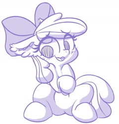 Size: 1725x1800 | Tagged: safe, artist:zzzsleepy, apple bloom, earth pony, pony, g4, blushing, ear fluff, female, filly, floppy ears, monochrome, nervous, open mouth, sitting, sketch, solo, wavy mouth