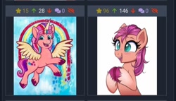 Size: 720x412 | Tagged: safe, artist:confetticakez, sunny starscout, alicorn, earth pony, pony, derpibooru, g5, alicornified, juxtaposition, juxtaposition win, mane stripe sunny, meme, meta, race swap, sunnycorn