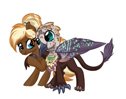 Size: 903x710 | Tagged: safe, artist:jen-neigh, oc, oc only, oc:teensy, oc:toffee, griffon, pony, fallout equestria, blushing, fallout equestria: of shadows, jewelry, necklace