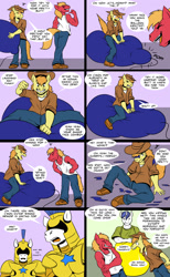Size: 788x1280 | Tagged: safe, artist:beowulf100, big macintosh, braeburn, shining armor, earth pony, unicorn, anthro, g4, armor, balloon, balloon fetish, balloon popping, clothes, comic, commission, cowboy hat, dialogue, digital art, door, eyes closed, fetish, hat, horn, looking at each other, male, open mouth, pants, popping, royal guard, shirt, shocked, shoes, smiling, smirk, spear, speech bubble, talking, text, that pony sure does love balloons, unamused, weapon