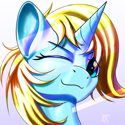 Size: 2000x2000 | Tagged: safe, artist:ktk's sky, oc, oc only, pony, unicorn, female, high res, horn, one eye closed, simple background, smiling, solo, wink