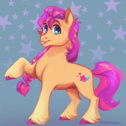 Size: 606x607 | Tagged: safe, artist:pigeorgien, sunny starscout, earth pony, pony, g5, braid, coat markings, colored hooves, female, looking at you, mare, raised hoof, smiling, smiling at you, socks (coat markings), solo, unshorn fetlocks