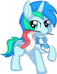 Size: 5770x7478 | Tagged: safe, artist:cyanlightning, oc, oc only, oc:cyan lightning, pony, unicorn, 2022 community collab, derpibooru community collaboration, .svg available, clothes, colt, ear fluff, flag, indonesia, indonesian, indonesian flag, indonesian independence day, male, mouth hold, scarf, simple background, solo, svg, transparent background, vector