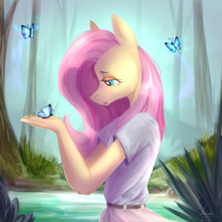 Size: 1280x1280 | Tagged: safe, artist:louraa, fluttershy, butterfly, pegasus, anthro, g4, bedroom eyes, clothes, digital art, female, forest, lake, solo, tree