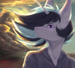 Size: 1280x1164 | Tagged: safe, artist:louraa, oc, oc only, unicorn, anthro, art trade, bust, clothes, cloud, digital art, horn, looking at you, male, portrait, shirt, sky, solo