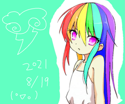 Size: 1041x870 | Tagged: safe, artist:cz, rainbow dash, human, g4, anime style, colored pupils, female, humanized, looking at you, simple background, sleeveless, solo