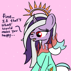 Size: 2000x2000 | Tagged: safe, artist:dafiltafish, lyra heartstrings, oc, oc:hedone, alicorn, pony, comic:day by day, g4, dialogue, fire, high res, shapeshifter, shapeshifting, text