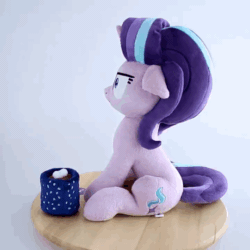Size: 540x540 | Tagged: safe, artist:meplushyou, starlight glimmer, pony, unicorn, g4, :i, animated, chocolate, drink, empathy cocoa, food, glowing horn, horn, hot chocolate, i mean i see, mug, plushie, solo
