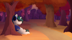 Size: 3840x2160 | Tagged: safe, artist:lbrcloud, oc, oc only, oc:invictus europa, pony, unicorn, autumn, blue sweater, forest, headphones, high res, sleeping, solo, tree