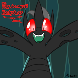 Size: 500x500 | Tagged: safe, artist:srmario, oc, oc only, oc:reinflak, changeling, bust, changeling oc, fangs, male, open mouth, red changeling, red eyes, signature, smiling, solo, talking