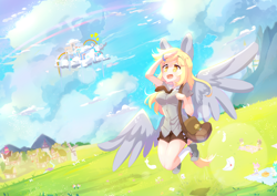 Size: 3508x2480 | Tagged: safe, artist:bubbletea, derpy hooves, human, pegasus, g4, anime style, breasts, cloud, cloudsdale, eyebrows, eyebrows visible through hair, food, grassland, high res, humanized, illustration, letter, mailmare, muffin, open mouth, open smile, ponyville, scenery, smiling, windmill