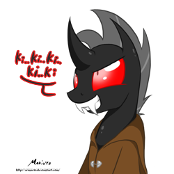 Size: 869x869 | Tagged: safe, artist:srmario, oc, oc only, oc:reinflak, changeling, changeling oc, clothes, curved horn, grin, horn, male, red changeling, red eyes, signature, simple background, smiling, solo, transparent background