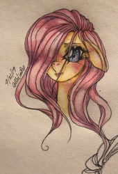 Size: 1059x1561 | Tagged: safe, artist:blulimipop, fluttershy, pegasus, pony, g4, blushing, eyelashes, female, mare, solo, traditional art