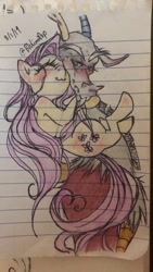 Size: 1080x1920 | Tagged: safe, artist:blulimipop, discord, fluttershy, draconequus, pegasus, pony, g4, blushing, bust, eyes closed, female, grumpy, hug, lined paper, male, mare, ship:discoshy, shipping, straight, traditional art, tsundere