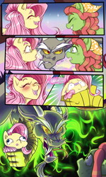 Size: 1200x2000 | Tagged: safe, artist:blulimipop, discord, fluttershy, tree hugger, draconequus, earth pony, pegasus, pony, g4, make new friends but keep discord, angry, blushing, clothes, comic, derp, fangs, female, headscarf, holding a pony, jealous, laughing, male, mare, open mouth, scared, scarf, ship:discoshy, shipping, squeezing, straight, yandere, yanderecord