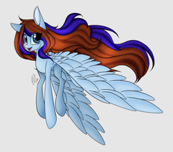 Size: 1280x1124 | Tagged: safe, alternate version, artist:donnie-moon, oc, oc only, pegasus, pony, colored, female, gray background, mare, pegasus oc, signature, simple background, smiling, solo, wings