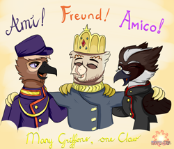 Size: 2480x2125 | Tagged: safe, artist:truffle shine, oc, oc only, oc:garibald talonuel iii, oc:grover v, oc:moriset discret, griffon, equestria at war mod, crown, french, german, high res, hug, italian, jewelry, regalia