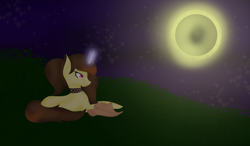 Size: 3200x1874 | Tagged: safe, artist:aonairfaol, oc, oc only, pony, unicorn, choker, full moon, glowing horn, horn, lying down, moon, night, outdoors, prone, solo, stars, unicorn oc