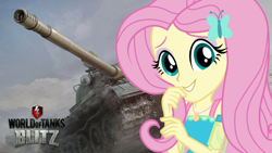 Size: 1920x1080 | Tagged: safe, artist:edy_january, edit, screencap, fluttershy, equestria girls, g4, geode of fauna, magical geodes, military, solo, t-62a, tank (vehicle), wallpaper, wallpaper edit, world of tanks, world of tanks blitz